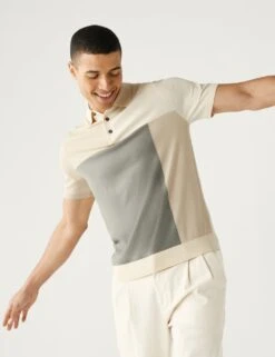 Cotton Rich Colour Block Knitted Polo Shirt -Marksandspencer Sale Store SD 03 T30 4168M NB X EC 1