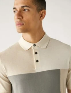 Cotton Rich Colour Block Knitted Polo Shirt -Marksandspencer Sale Store SD 03 T30 4168M NB X EC 3