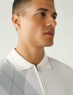 Cotton Rich Arygle Knitted Polo Shirt -Marksandspencer Sale Store SD 03 T30 4175M NB X EC 2