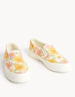 Kids' Canvas Floral Slip-on Pumps (13 Small - 6 Large) -Marksandspencer Sale Store SD 04 T72 2429G ZZ X EC 90