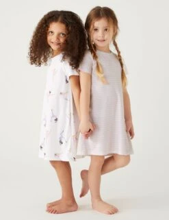 2pk Gymnast & Striped Nightdresses (1-8 Yrs)