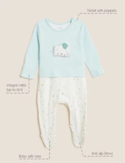 Pure Cotton Elephant Sleepsuit (7lbs - 12 Mths) -Marksandspencer Sale Store SD 04 T92 4510N JA X EC 9