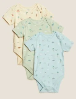 3pk Cotton Rich Dinosaur Bodysuits (6½lbs - 3 Yrs)