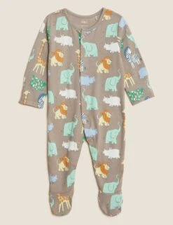 3pk Pure Cotton Safari Sleepsuits (0-3 Yrs) -Marksandspencer Sale Store SD 04 T92 4826S NB X EC 2