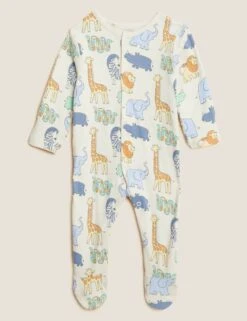 3pk Pure Cotton Safari Sleepsuits (0-3 Yrs) -Marksandspencer Sale Store SD 04 T92 4826S NB X EC 3
