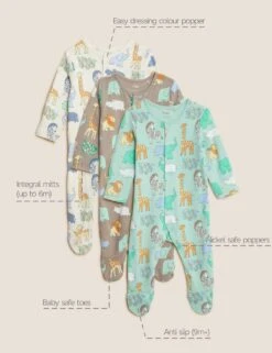 3pk Pure Cotton Safari Sleepsuits (0-3 Yrs) -Marksandspencer Sale Store SD 04 T92 4826S NB X EC 9