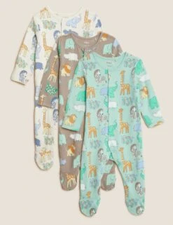 3pk Pure Cotton Safari Sleepsuits (0-3 Yrs)