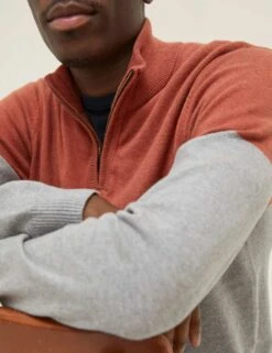 Cotton Rich Colour Block Half Zip Jumper -Marksandspencer Sale Store SD 10 T19 6375 P0 X EC 1