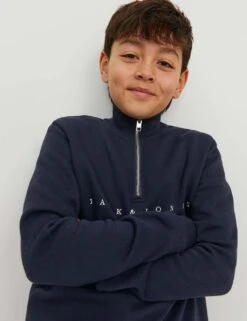 Jack & Jones Junior Cotton Rich Logo Half Zip Sweatshirt (8-16 Yrs) -Marksandspencer Sale Store SD 10 T54 2198 F0 X EC 2