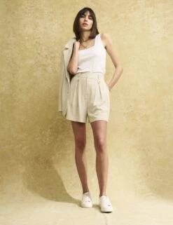 High Waisted Pleat Front Shorts With Linen
