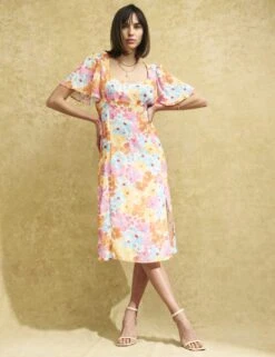 Floral Angel Sleeve Midi Tea Dress
