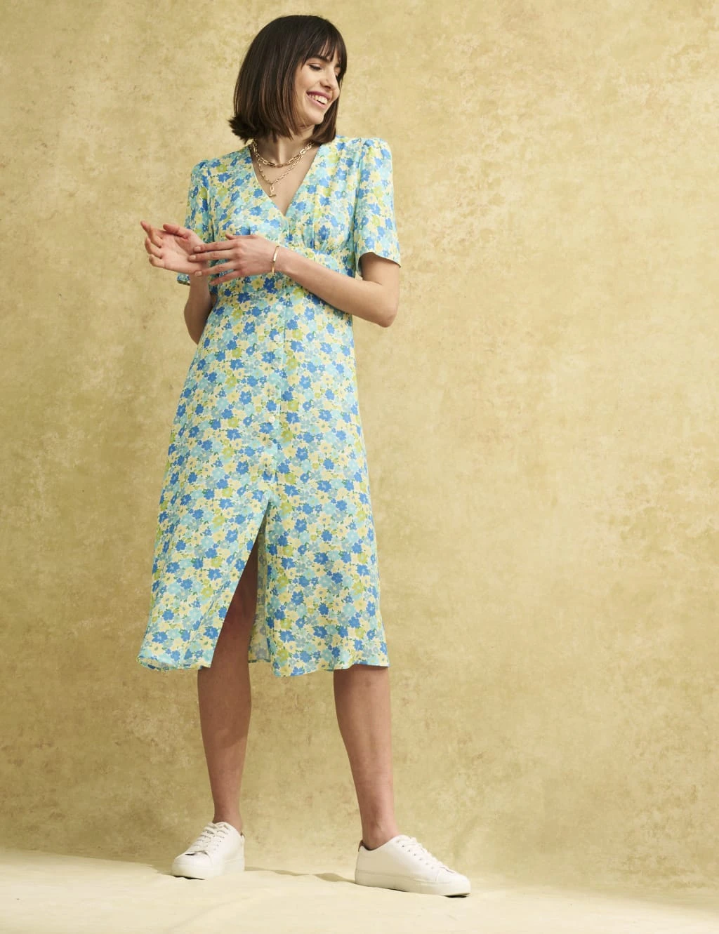 Floral V-Neck Shirred Midi Tea Dress 1 Floral V-Neck Shirred Midi Tea Dress