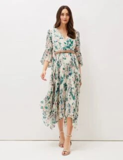 Floral V-Neck Pleated Midi Waisted Dress