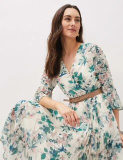 Floral V-Neck Pleated Midi Waisted Dress -Marksandspencer Sale Store SD 10 T83 1691 K4 X EC 2