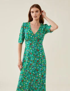 Floral V-Neck Short Sleeve Midi Tea Dress