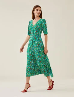 Floral V-Neck Short Sleeve Midi Tea Dress -Marksandspencer Sale Store SD 10 T83 2210W J4 X EC 1