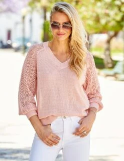 Pointelle V-Neck Blouson Sleeve Jumper