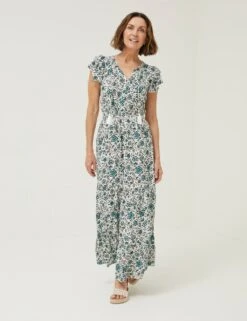 Floral Tie Neck Shirred Maxi Tiered Dress