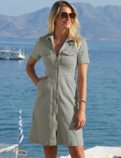 Denim Zip Up Knee Length Swing Dress