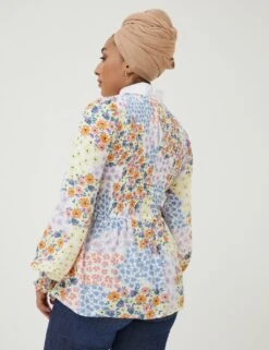 Floral Crew Neck Shirred Long Sleeve Blouse -Marksandspencer Sale Store SD 10 T83 5509W V4 X EC 1