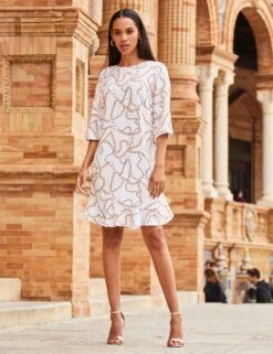 Printed Round Neck Frill Hem Shift Dress 8 Printed Round Neck Frill Hem Shift Dress -Marksandspencer Sale Store SD 10 T83 6724W A4 X EC 3