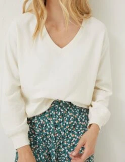 Cotton Rich V-Neck Sweatshirt -Marksandspencer Sale Store SD 10 T83 6913W V0 X EC 2