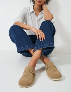 Suede Buckle Flat Mules