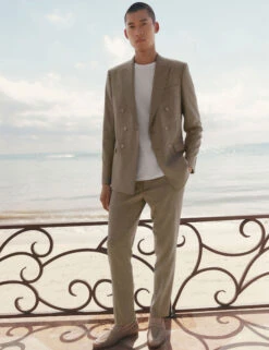 Tailored Fit Italian Performance Linen Blend Pinstripe Suit Trousers