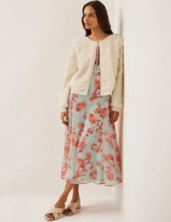 MONSOON Textured Floral Crew Neck Cardigan -Marksandspencer Sale Store Textured Floral Crew Neck Cardigan 2