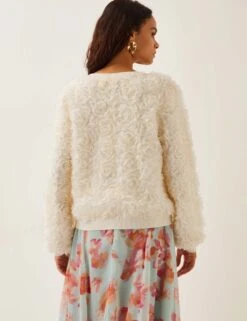 MONSOON Textured Floral Crew Neck Cardigan -Marksandspencer Sale Store Textured Floral Crew Neck Cardigan 3