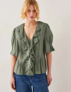 MONSOON V-Neck Frill Detail Pintuck Blouse
