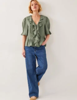 MONSOON V-Neck Frill Detail Pintuck Blouse -Marksandspencer Sale Store V Neck Frill Detail Pintuck Blouse 3
