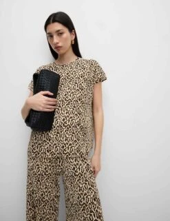 Animal Print Plisse Wide Leg Trousers -Marksandspencer Sale Store animal print plisse wide leg trousers 7