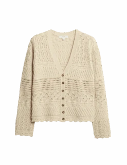 Cotton Blend Pointelle V-Neck Button Front Cardigan -Marksandspencer Sale Store cotton blend pointelle v neck button front cardigan