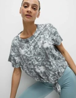 Cotton Blend Printed Tie Front Crop T-Shirt -Marksandspencer Sale Store cotton blend printed tie front crop t shirt 10