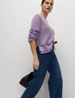 Cotton Blend Textured Crew Neck Fringe Jumper -Marksandspencer Sale Store cotton blend textured crew neck fringe jumper 11