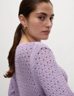 Cotton Blend Textured Crew Neck Fringe Jumper -Marksandspencer Sale Store cotton blend textured crew neck fringe jumper 14