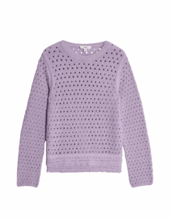 Cotton Blend Textured Crew Neck Fringe Jumper -Marksandspencer Sale Store cotton blend textured crew neck fringe jumper