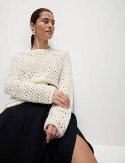 Cotton Blend Textured Crew Neck Fringe Jumper -Marksandspencer Sale Store cotton blend textured crew neck fringe jumper 8