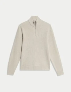 Cotton Blend Half Up Ribbed Jumper -Marksandspencer Sale Store cotton blend zip up ribbed jumper 12