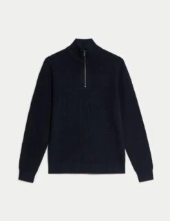 Cotton Blend Half Up Ribbed Jumper -Marksandspencer Sale Store cotton blend zip up ribbed jumper