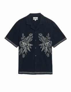 Cotton Linen Blend Short Sleeve Embroidered Shirt -Marksandspencer Sale Store cotton linen blend embroidered shirt