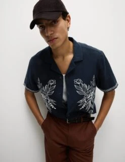 Cotton Linen Blend Short Sleeve Embroidered Shirt -Marksandspencer Sale Store cotton linen blend embroidered shirt 4