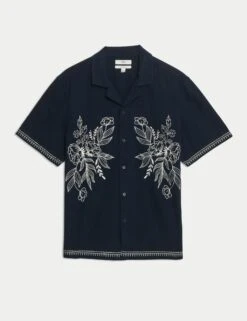 Cotton Linen Blend Short Sleeve Embroidered Shirt -Marksandspencer Sale Store cotton linen blend embroidered shirt 5