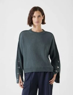 Cotton Rich Crew Neck Popper Sleeve Jumper -Marksandspencer Sale Store cotton rich crew neck popper sleeve jumper 5