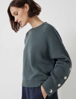 Cotton Rich Crew Neck Popper Sleeve Jumper -Marksandspencer Sale Store cotton rich crew neck popper sleeve jumper 9