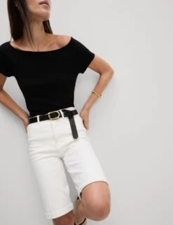 Cotton Rich High Waisted Magic Denim Shorts -Marksandspencer Sale Store cotton rich high waisted denim shorts 1