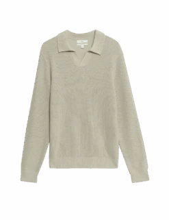 Cotton Rich Open Neck Jumper With Wool -Marksandspencer Sale Store cotton rich open neck jumper with wool 1