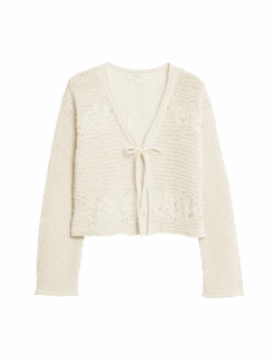 Cotton Rich Pointelle V-Neck Tie Front Relaxed Cardigan -Marksandspencer Sale Store cotton rich pointelle v neck tie front relaxed cardigan