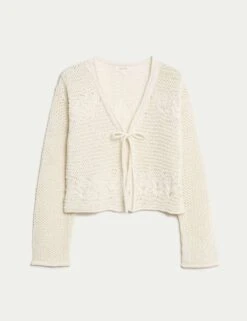 Cotton Rich Pointelle V-Neck Tie Front Relaxed Cardigan -Marksandspencer Sale Store cotton rich pointelle v neck tie front relaxed cardigan 5